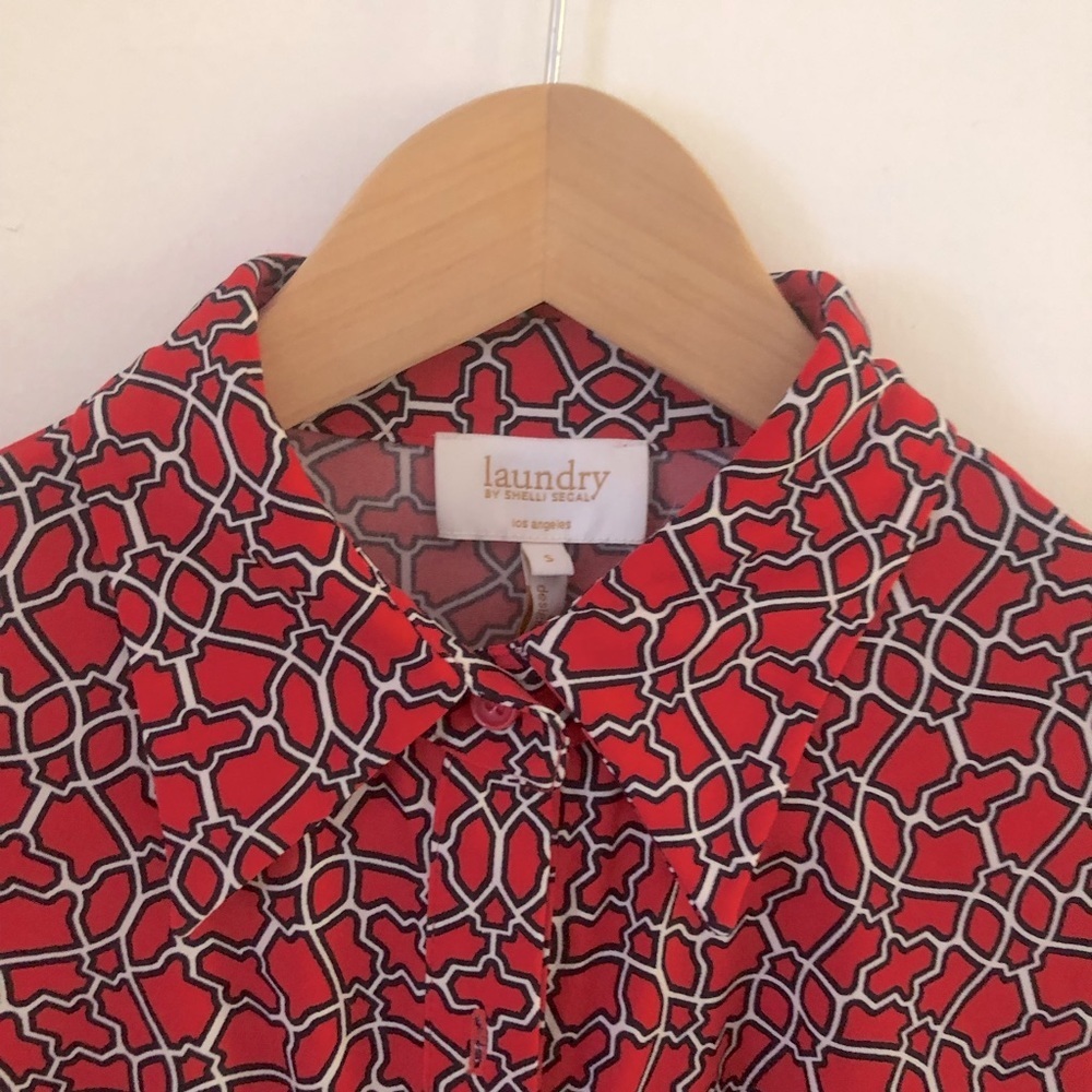Laundry Shelly Segal Top S 3/4 Sleeve Ruched Button Down Bold Red Pattern - Picture 5 of 6